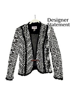 Joseph Ribkoff Fringe Trim Blazer Black White 8 Designer Statement Jacket